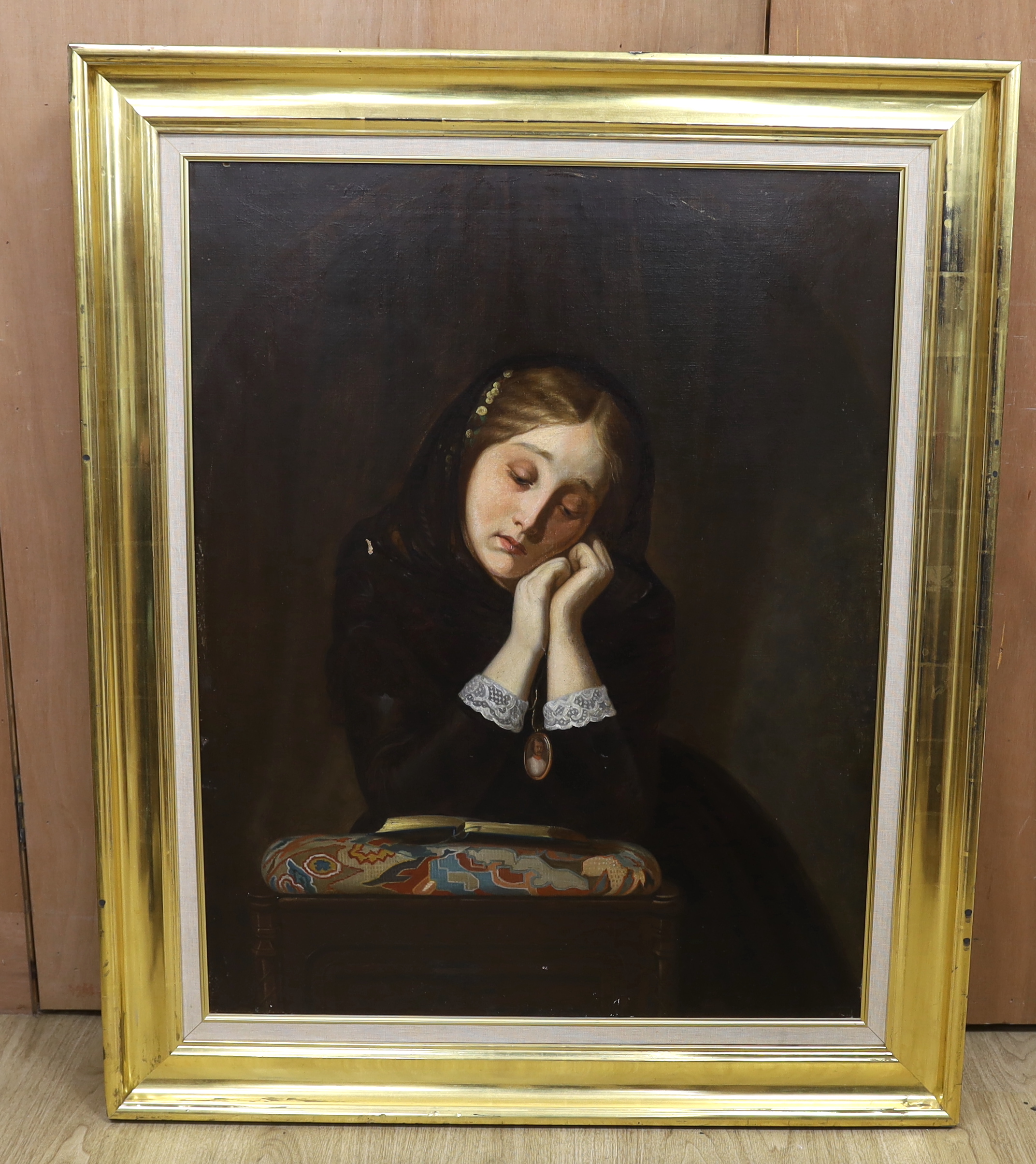 Victorian School, oil on canvas, feigned oval, Young woman wearing mourning dress, 86 x 67cm